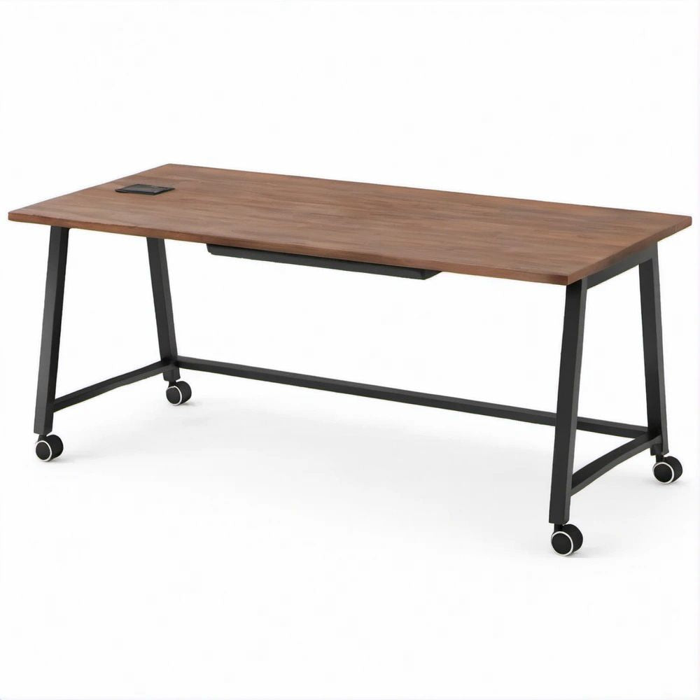 Scrivania rettangolare con ruote, piano color noce e struttura nera, 160 x 80 x 75 cm