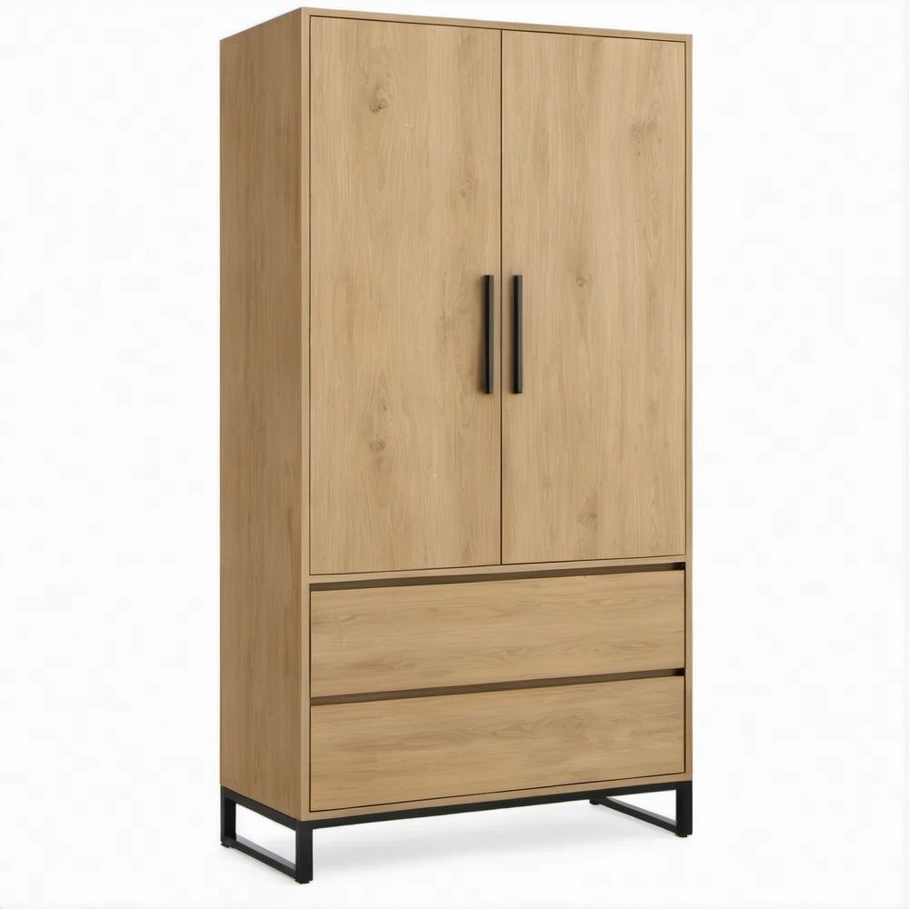 Armadio a 2 Ante e 2 Cassetti Effetto Rovere Naturale e Nero, 80 x 40 x 180 cm