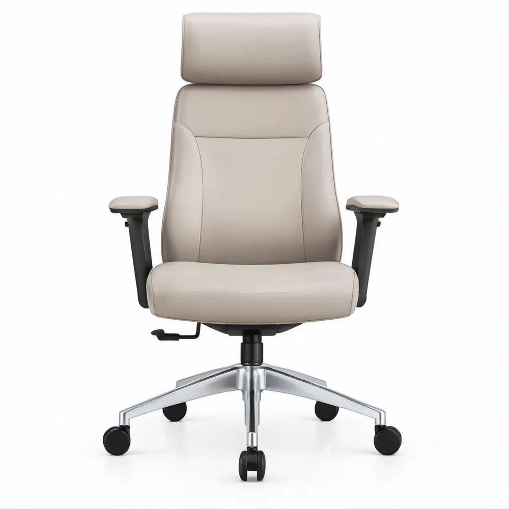Sedia direzionale girevole beige con poggiatesta, braccioli regolabili e base in alluminio 68 x 68 x 119-129 cm