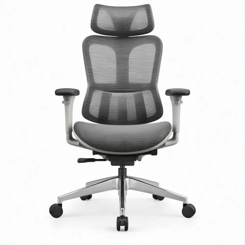 Sedia da ufficio ergonomica in rete grigia con poggiatesta, braccioli regolabili e base in alluminio 66 x 65 x 117-127 cm