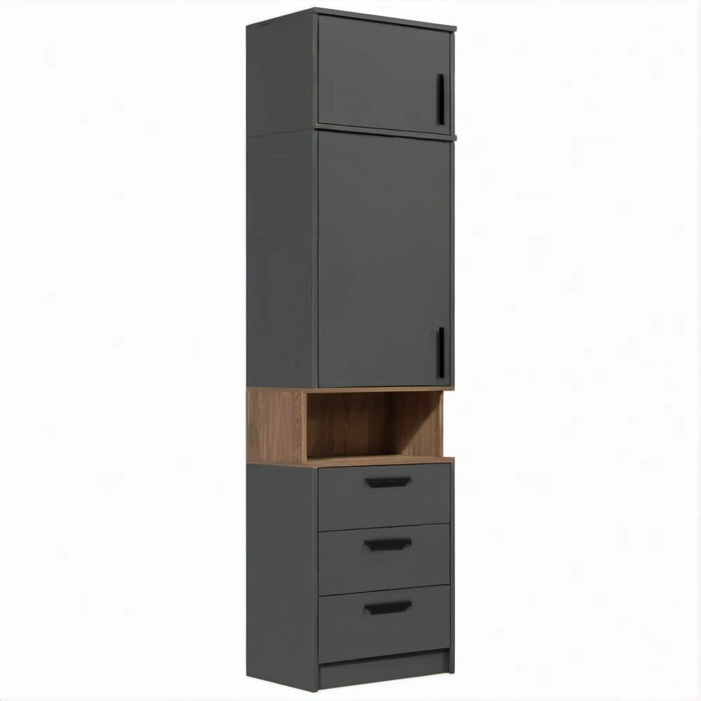 Mobile contenitore verticale grigio antracite e noce con 2 ante, vano a giorno e 3 cassetti, 60 x 40 x 180 cm