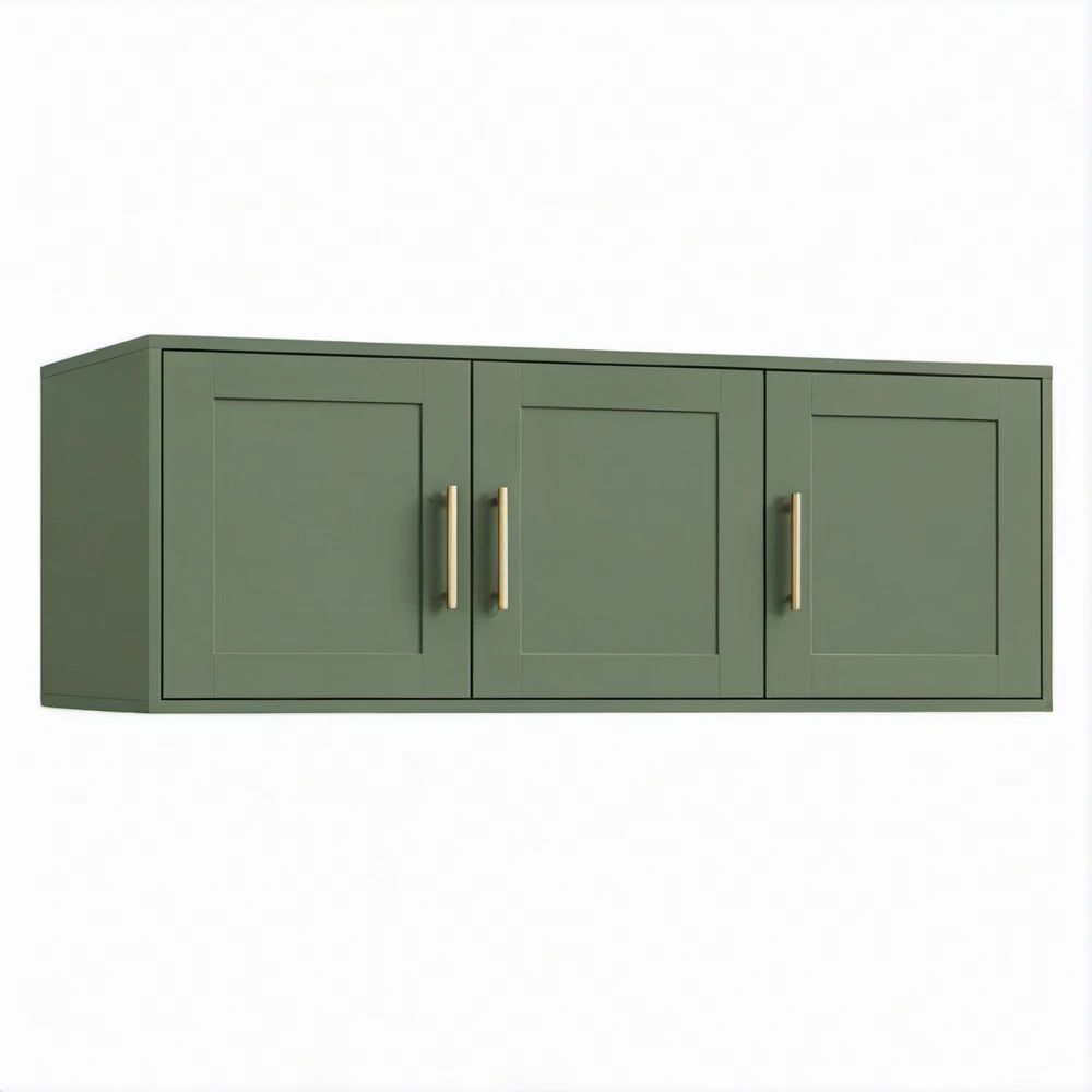 Pensile da parete verde salvia in MDF con 3 ante e maniglie color ottone, 120 x 30 x 60 cm