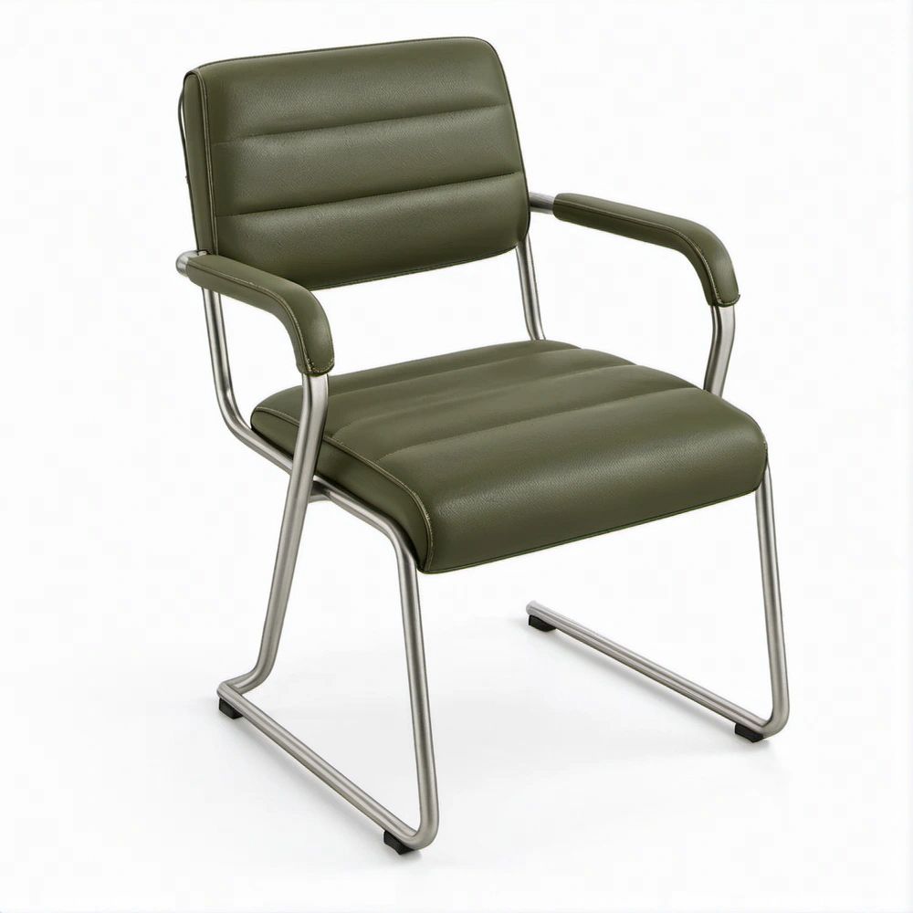Sedia visitatore a slitta con braccioli, rivestimento in PU verde oliva e acciaio cromato, 58 x 61 x 88 cm