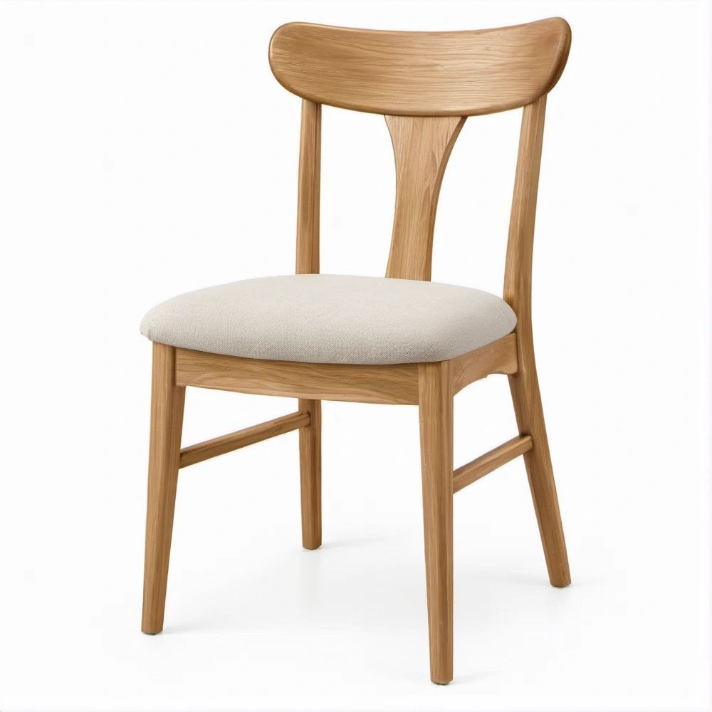 Sedia da pranzo in legno massello con seduta imbottita e schienale curvo, 48 x 52 x 82 cm, Naturale e Beige chiaro