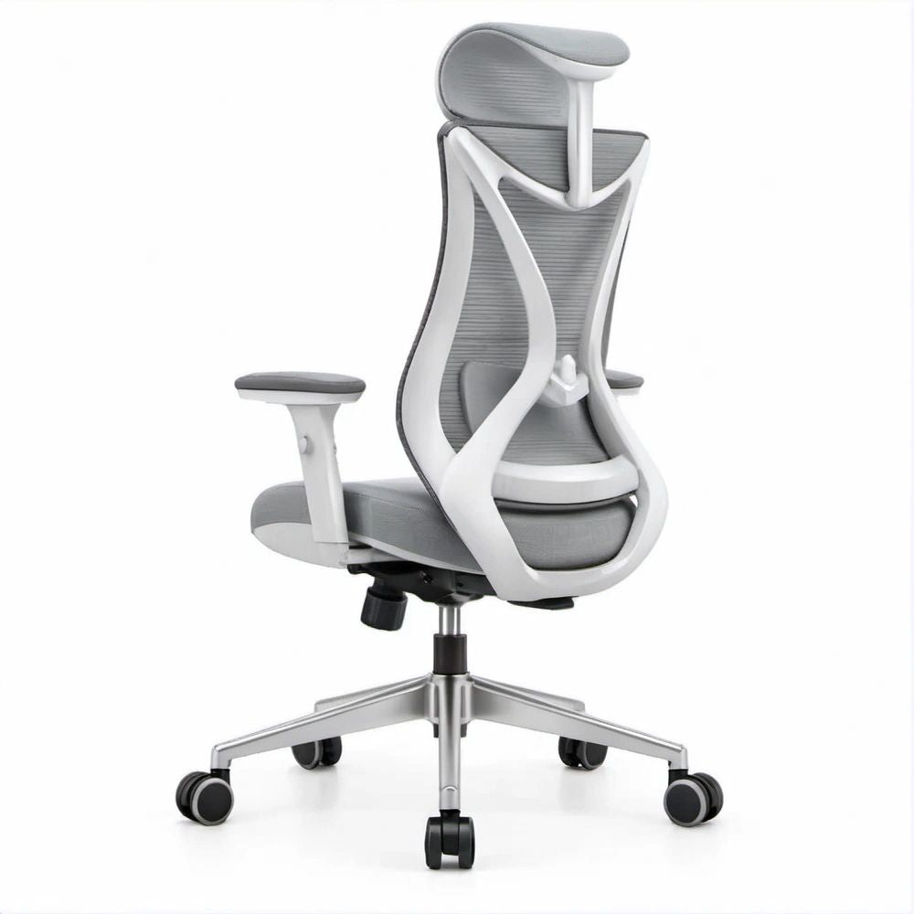 Sedia da ufficio ergonomica grigia e bianca in rete con poggiatesta, 67 x 67 x 118-128 cm