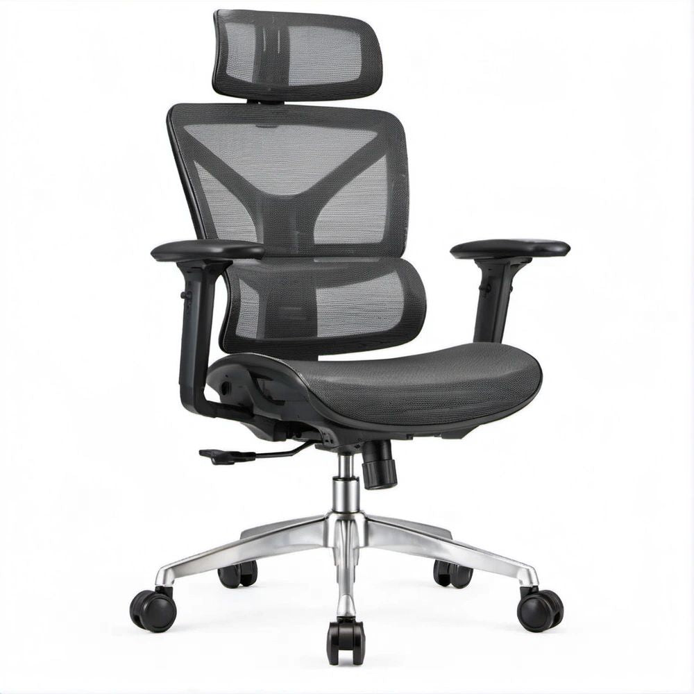Sedia da ufficio ergonomica girevole Nera/Argento in rete con poggiatesta, 66 x 66 x 118-128 cm