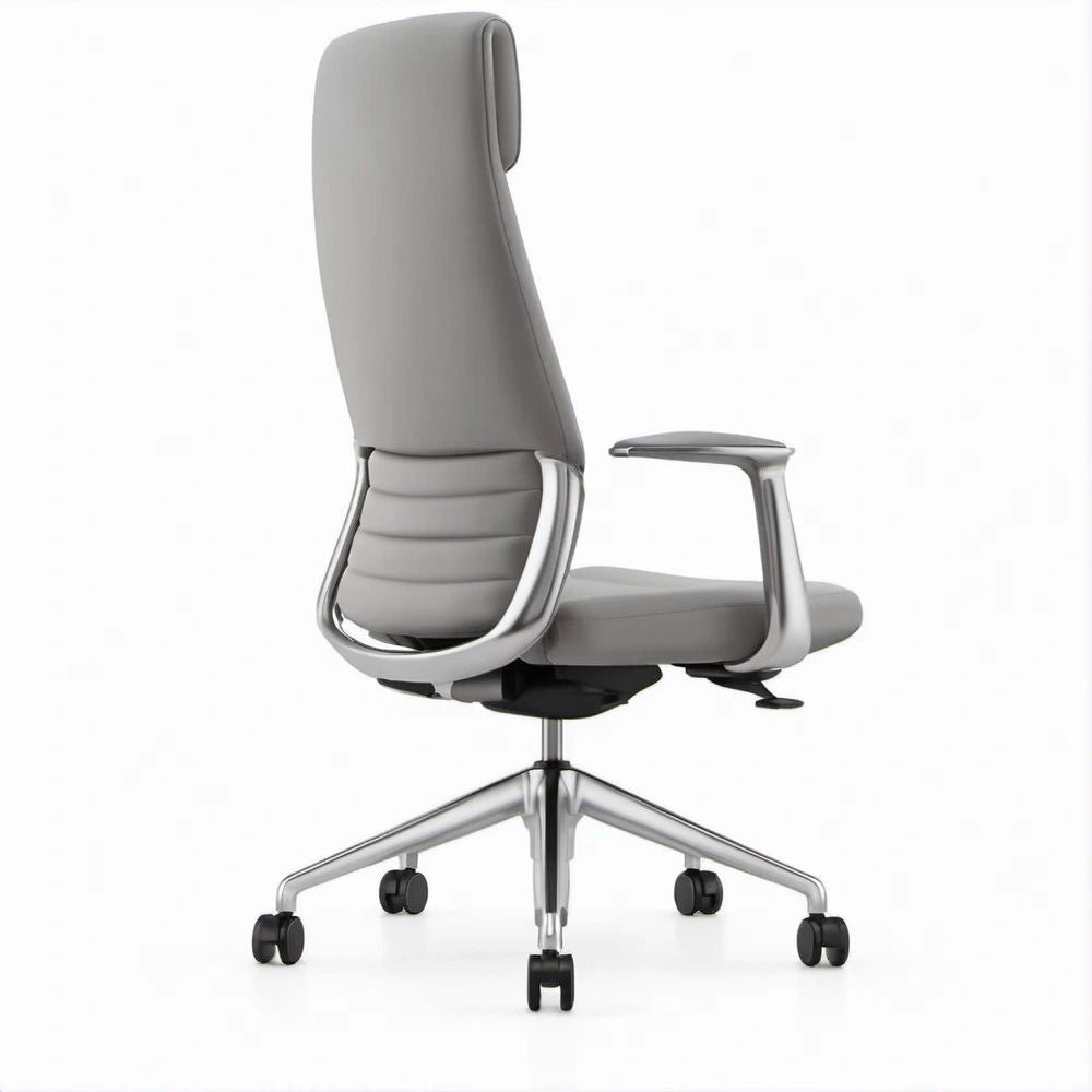 Sedia direzionale girevole grigia con schienale alto, poggiatesta e ruote 65 x 65 x 118-128 cm