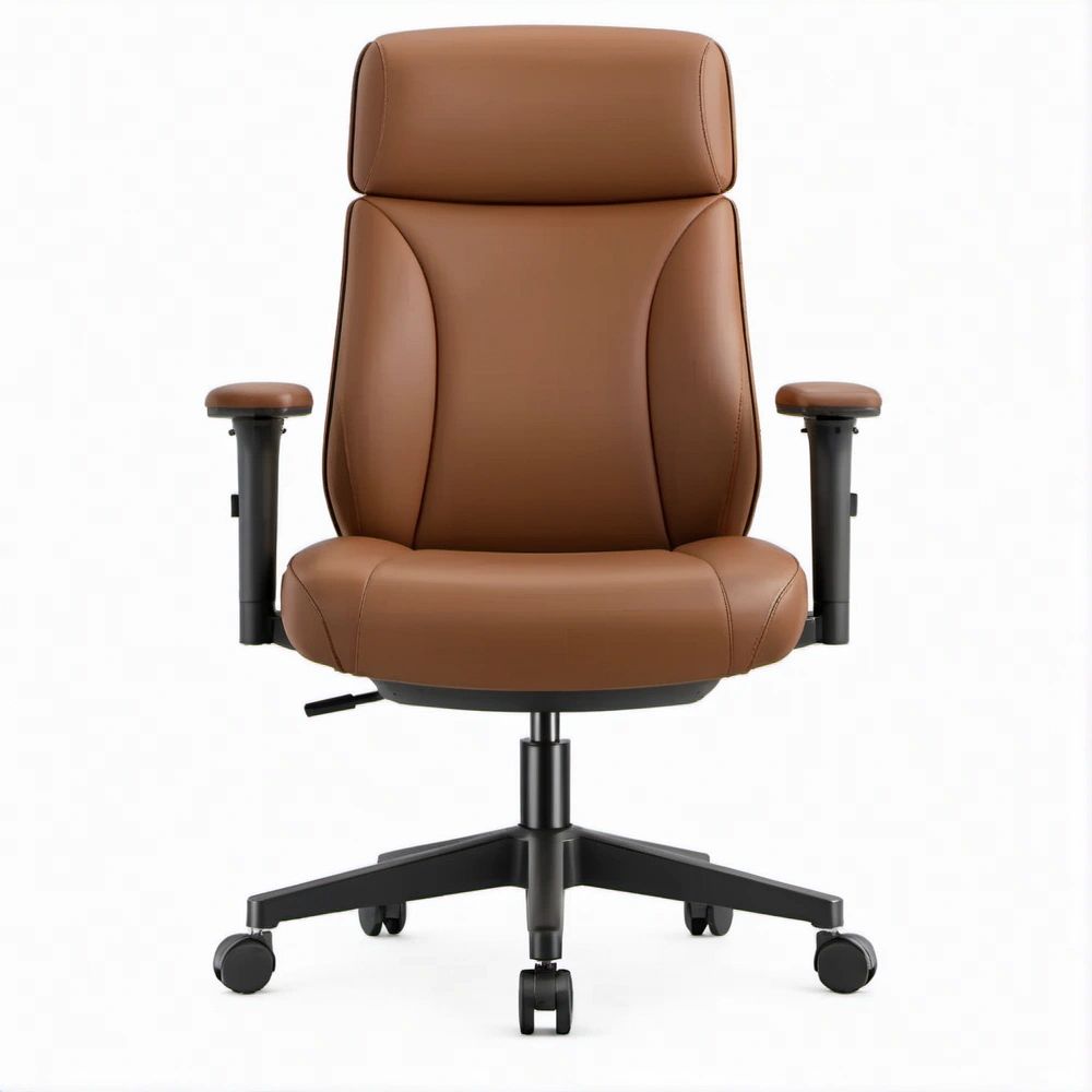 Sedia direzionale girevole marrone e nera in poliuretano con poggiatesta e braccioli regolabili, 66 x 70 x 116-126 cm